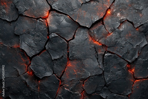 Textured background of cooled lava with crimson gaps, offering a dramatic and rugged visual texture.