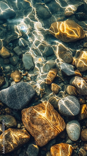 Sunlit riverbed rocks, shallow water, sunlight, nature, serenity, background blur, website banner