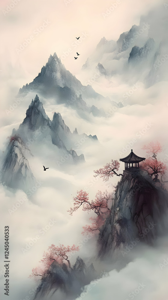 Fototapeta premium Serene Mountain Landscape Illustration: Pagoda Amidst Misty Peaks and Cherry Blossoms