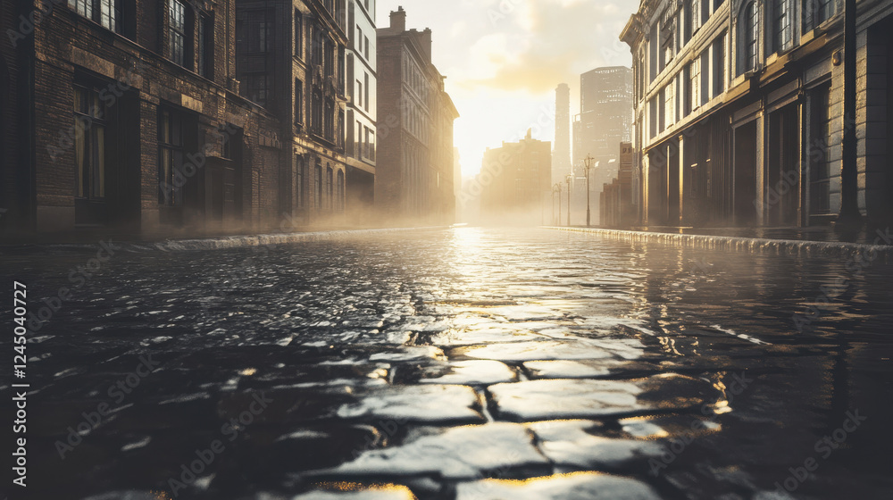 An early morning cityscape after rain, empty streets with glistening cobblestones, towering buildings fading into soft fog