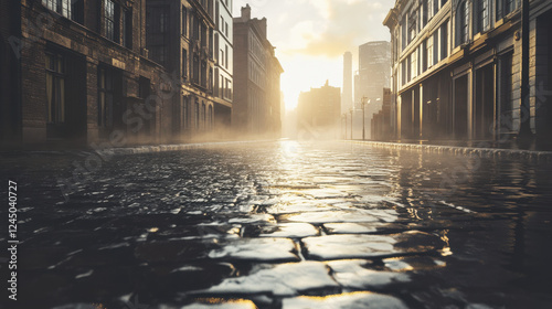 An early morning cityscape after rain, empty streets with glistening cobblestones, towering buildings fading into soft fog
