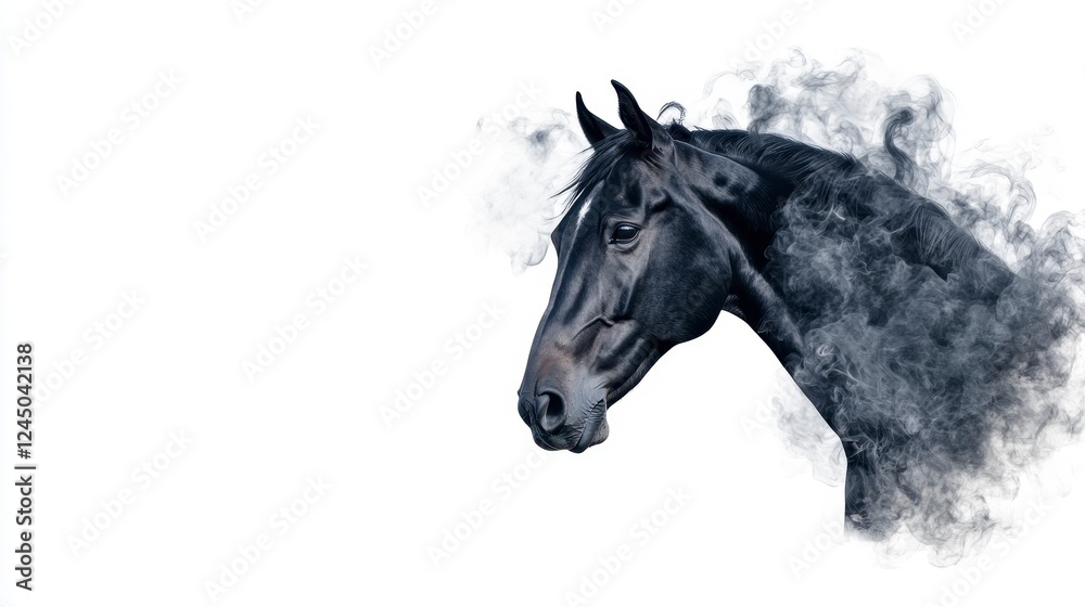 Naklejka premium Majestic Black Horse Surrounded by Ethereal Smoke on White Background