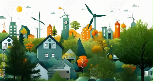 A child builds a wind turbine from scrap materials, inspiring their town in this flat design illustration