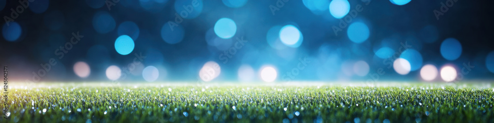 Obraz premium vibrant green grass field illuminated by soft blue bokeh lights creates magical atmosphere, perfect for sports or outdoor events