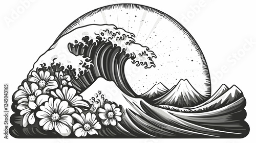 Giant Wave Crashes with Flowers and Mountains in Background Illustration photo