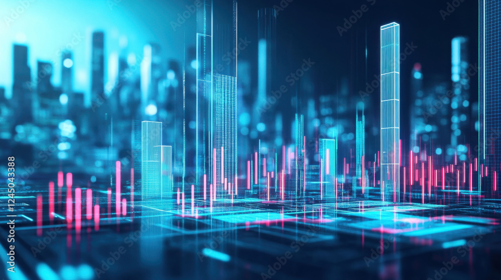 A futuristic city skyline with holographic economic graphs A futuristic city skyline with holographic economic graphs