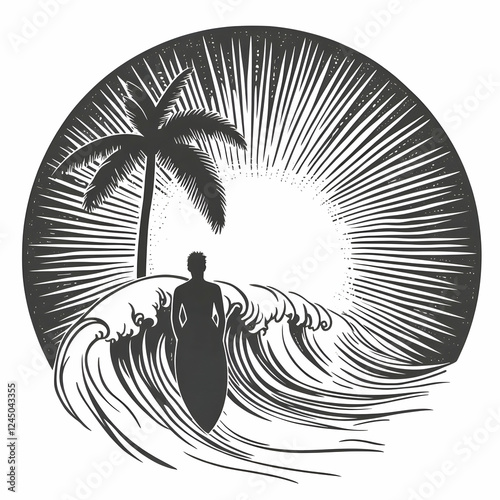 Silhouette Surfer Rides Wav...