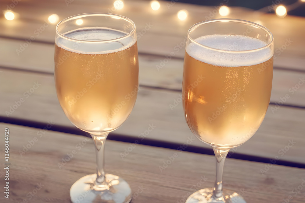 Two Glasses of Sparkling Beverage Sit on a Wooden Table with String Lights in the Background Two Glasses of Sparkling Beverage Sit on a Wooden Table with String Lights in the Background