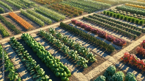 panoramic view of vegetable plantation taken by drone, rows of various vegetables, photo