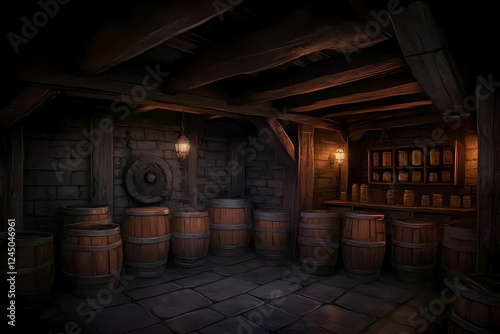 Fototapeta Naklejka Na Ścianę i Meble -  Dark Cellar Stores Wooden Barrels and Jars Underneath Wooden Beams and Stone Walls