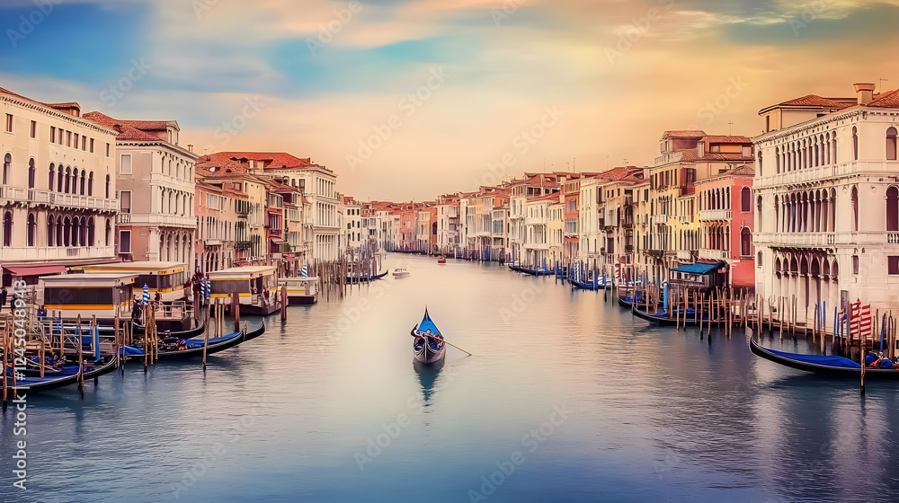 Gondola sails down a picturesque canal in Venice at sunset with historic buildings lining the waterway. Gondola sails down a picturesque canal in Venice at sunset with historic buildings lining the waterway.