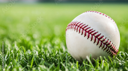 close up of baseball resting on lush green grass, symbolizing spirit of game and outdoor sports. ball features classic red stitching, showcasing its craftsmanship photo