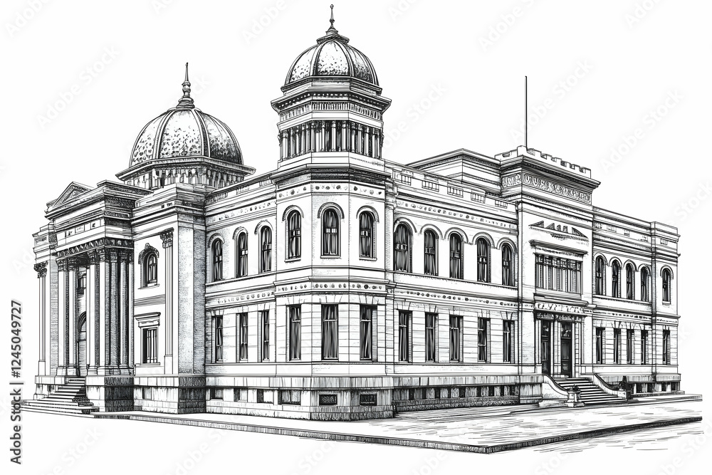 Grand Building with Domes and Columns Stands Majestically on City Street in Ink Drawing Grand Building with Domes and Columns Stands Majestically on City Street in Ink Drawing