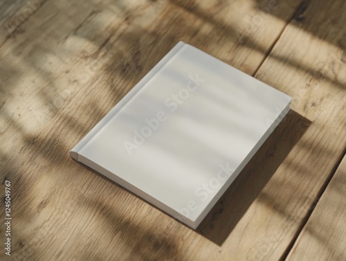 Blank Hardcover Book with Simple White Cover on Light Wood Table under Playful Sunlight Shadows photo