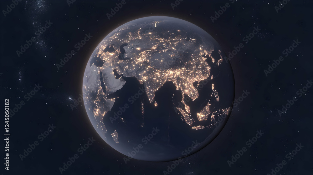 Obraz premium Earth at Night Showing Asia, Europe, and Africa Beautifully Illuminated in Space