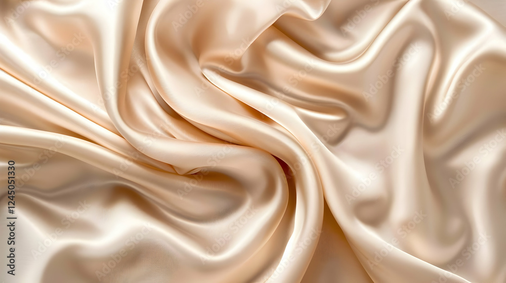 Obraz premium Smooth beige satin fabric draped elegantly, showcasing soft folds and subtle sheen, ideal for textile design