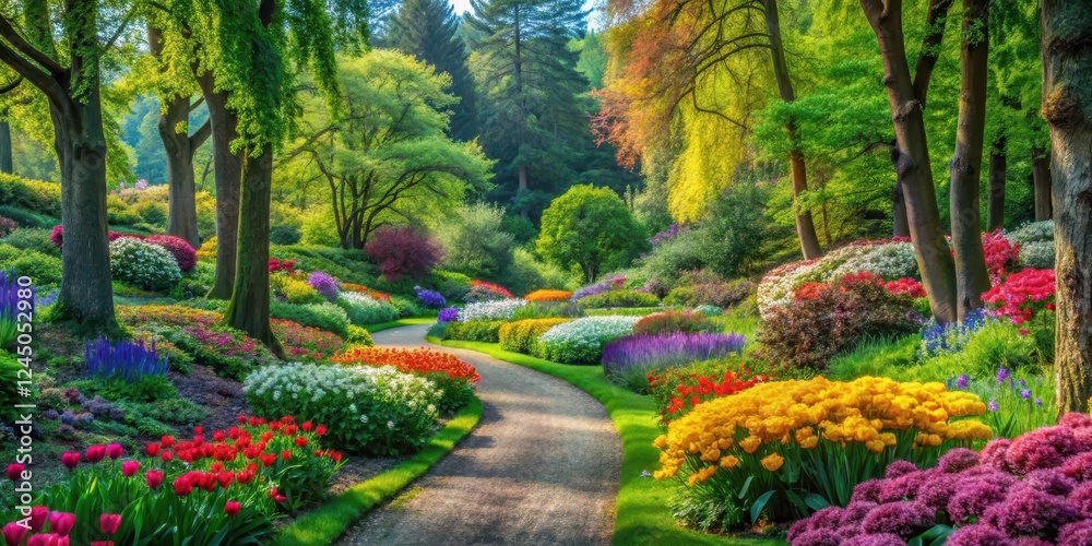 Obraz premium Vibrant colorful blooms in a lush garden surrounded by tall trees and winding paths