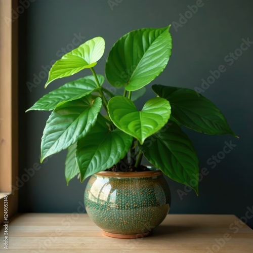 Philodendron hederaceum micans in a decorative planter, flowers not included, botanical, planter photo