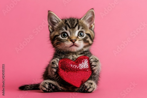 Cute american bobtail feline infant with sparkling rhinestones red heart - sign of love, funny greeting card. Promotion visual idea. American bobtail - my beloved cat. Heartwarming pet photo.