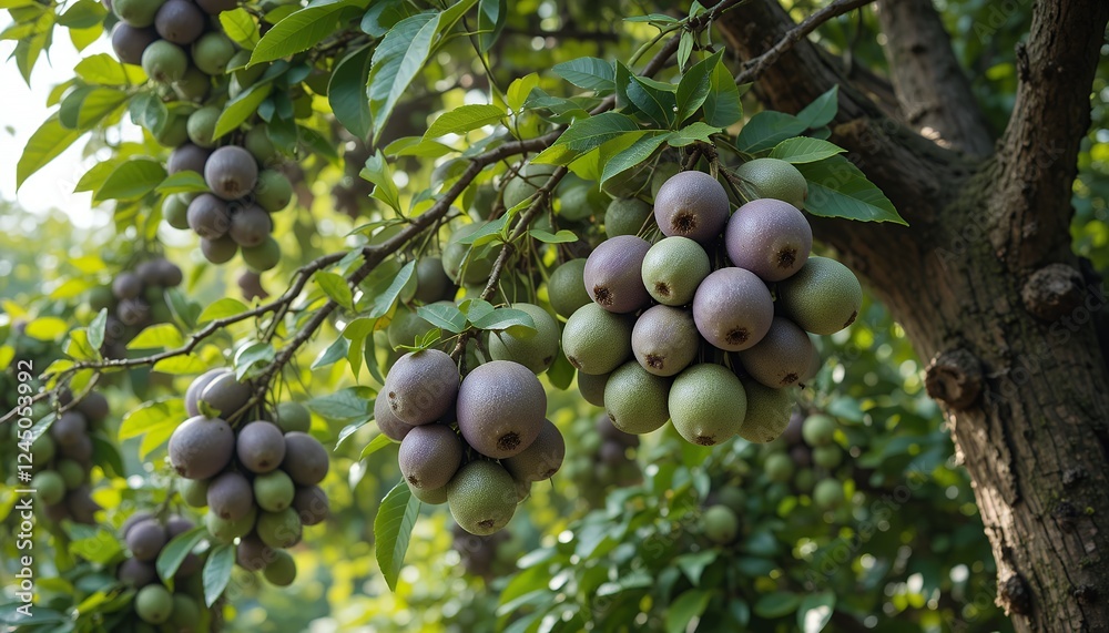 Abundant Clusters of Ripe and Unripe Fruits Hanging on a Lush Tree Branch Abundant Clusters of Ripe and Unripe Fruits Hanging on a Lush Tree Branch