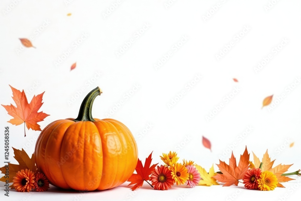 Naklejka premium warm autumn landscape with pumpkin and colorful flowers against a white background, halloween, autumn leaves, background