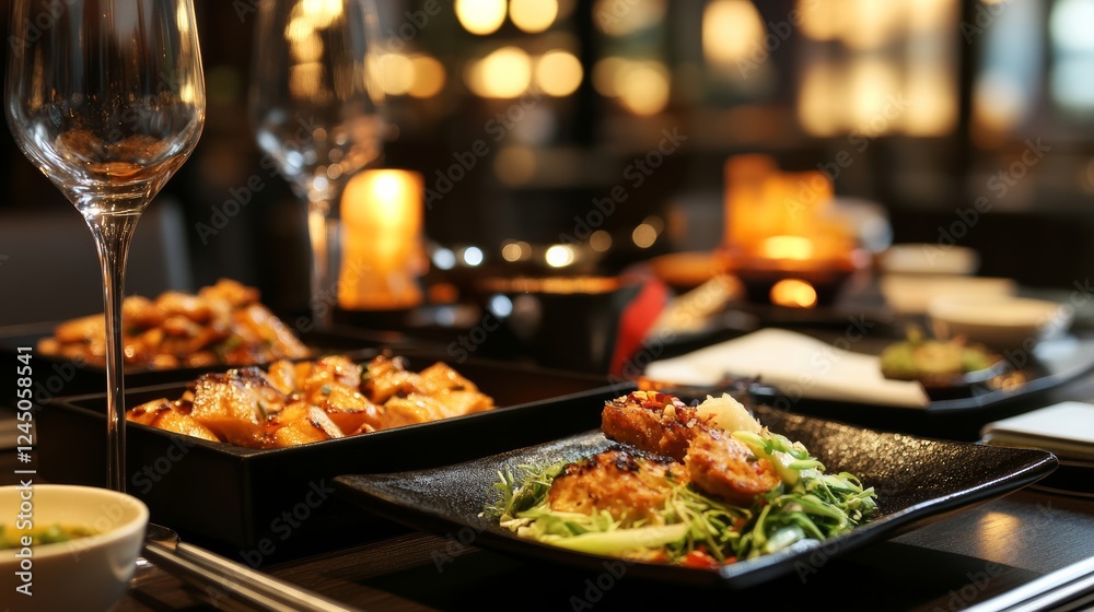 A creative fusion food presentation blending cultural elements, plated elegantly on a modern dining table, A creative fusion food presentation blending cultural elements, plated elegantly on a modern dining table,