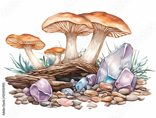 Watercolor Mushrooms Grow o...