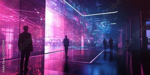 Illuminated Figures Explore Abstract Hall of Mirrors Reflecting Pink and Blue Digital Art Display