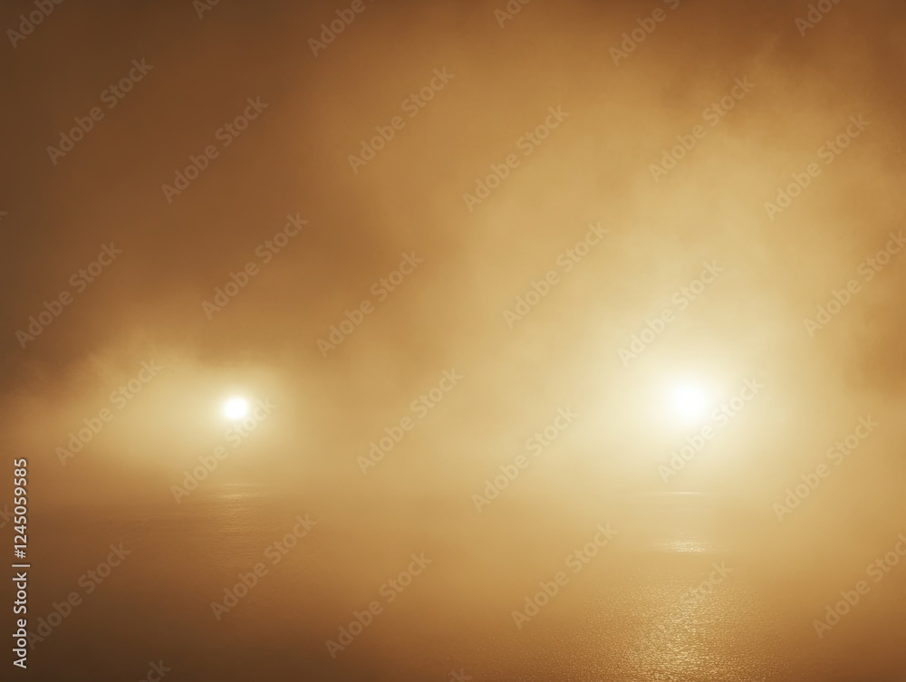 Eerie Lights in Dense Fog Over Water, a Mysterious Landscape Eerie Lights in Dense Fog Over Water, a Mysterious Landscape
