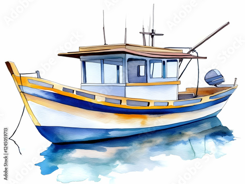 Watercolor Fishing Boat Floats Peacefully on Calm Water with Reflection Clearly photo