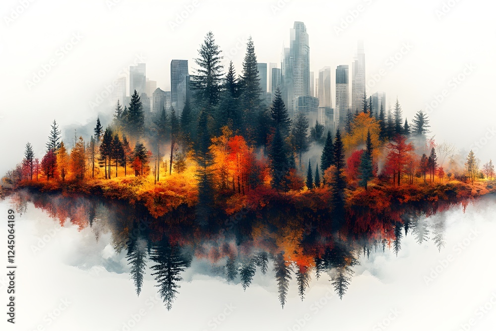 Obraz premium Autumn forest island reflecting city skyline in misty background