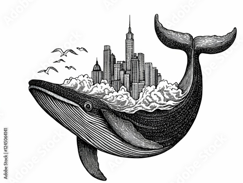 Whale Carries Cityscape wit...