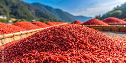 Traditional Chinese medicine ingredient Red Yeast Rice being dried in the sun, rice fermentation, health supplement photo