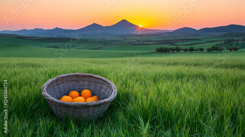 Basket of Oranges Sits in a...