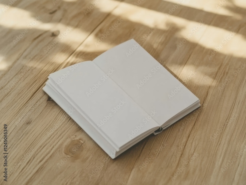 Open Blank Book on Wood Surface Underneath Glimmering Light Showcasing Simplicity and Potential Open Blank Book on Wood Surface Underneath Glimmering Light Showcasing Simplicity and Potential