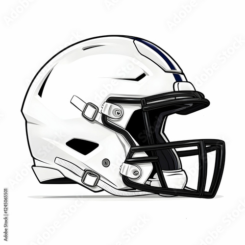 White and Blue Football Helmet Illustration Features a Black Facemask in Side View.