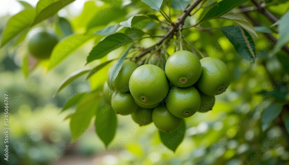 Lush Green Citrus Fruits Hanging on a Branch Lush Green Citrus Fruits Hanging on a Branch