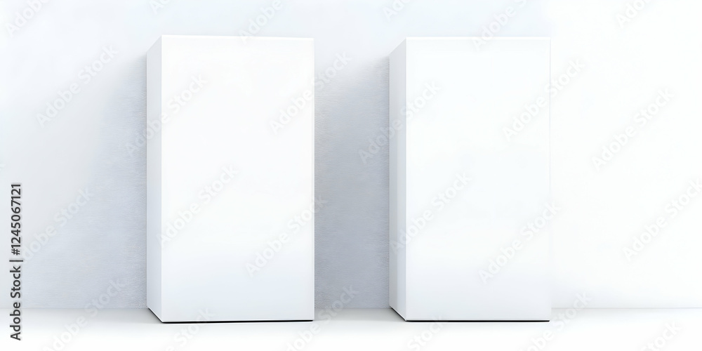 Two Blank White Rectangular Pillars Stand on a White Floor Against a Textured White Wall