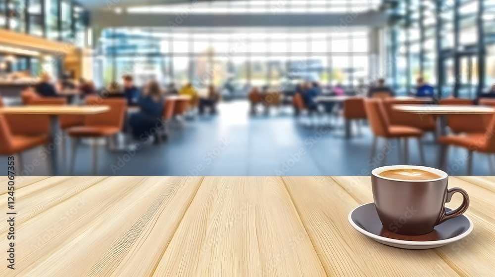 Coffee Cup on Wooden Table in Blurred Cafe Background for Beverage and Relaxation Coffee Cup on Wooden Table in Blurred Cafe Background for Beverage and Relaxation