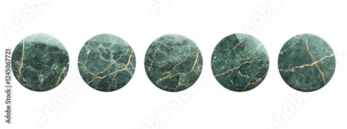 Round green marble stone texture with gold veins. Isolated on transparent background


