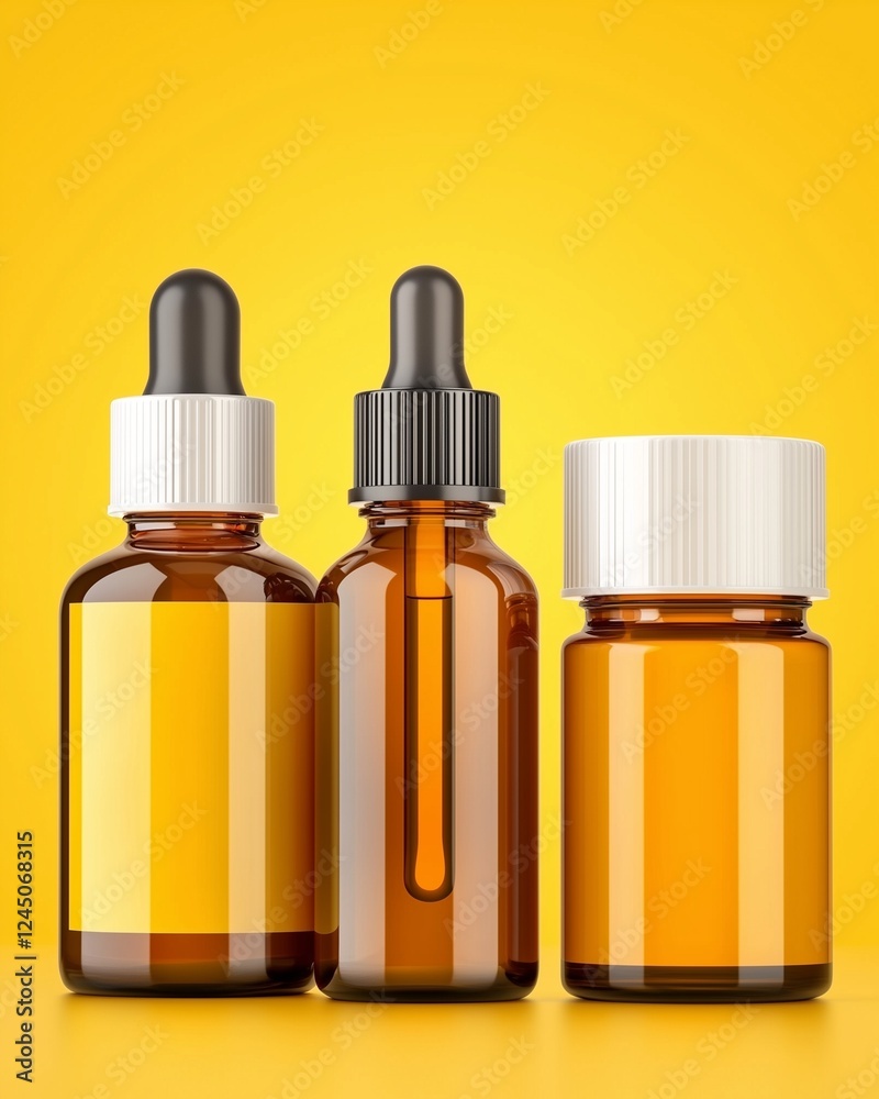 Fototapeta premium Luxury skincare set mockup with a trio of elegant serum bottles, soft golden lighting, smooth silk fabric background, sophisticated and refined aesthetic