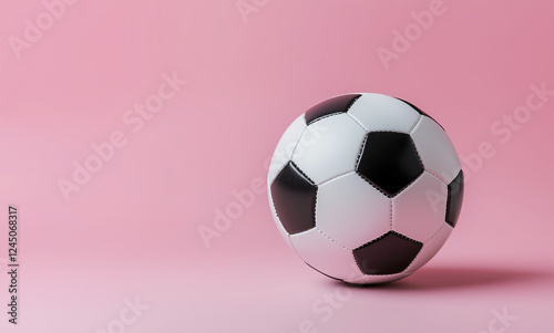 black and white soccer ball on pink background, perfect for sports lovers photo