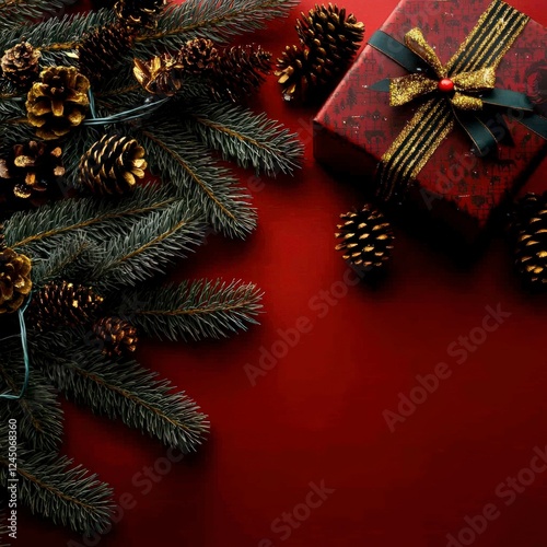 Festive Christmas Background  Red  Fir Branches  Gift  Pine Cones