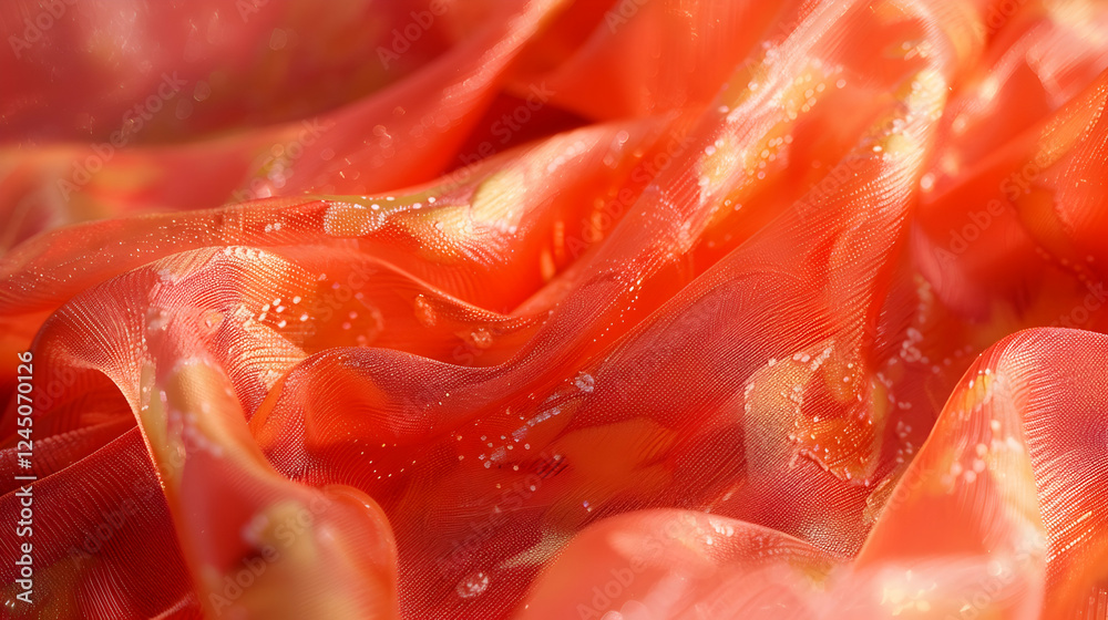 Close-up of vibrant orange fabric with water droplets, showcasing texture and color depth Close-up of vibrant orange fabric with water droplets, showcasing texture and color depth