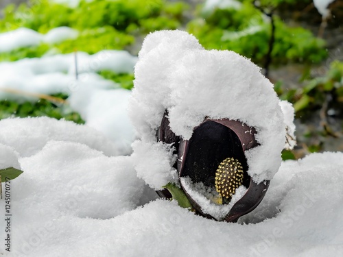 しっかり積もった雪景色の中に座禅草がある風景。滋賀県高島市今津の群生地。 photo
