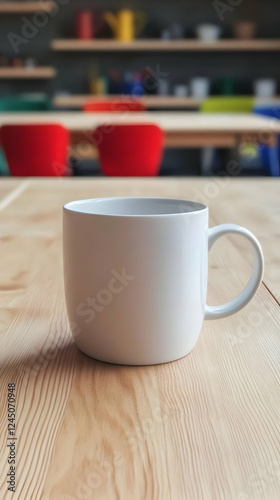 White Ceramic Mug Sits on W...