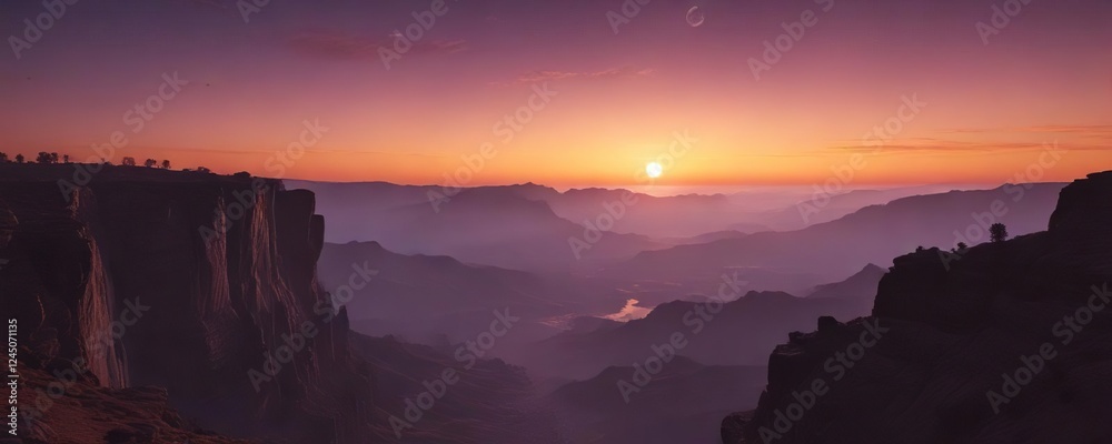 Naklejka premium A full moon hangs low in the orange glow of dawn near the rim of a colorful horizon, horizon, light