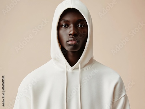 Person in Cream Hoodie with Serene Expression Centered Portrait on Neutral Backdrop Clothing Fashion