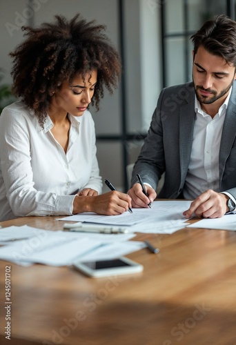 female and male business leaders studying contract