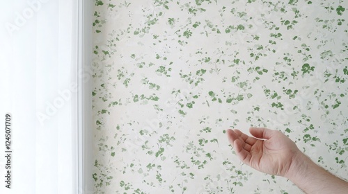 Hand near textured green wallpaper, interior room photo